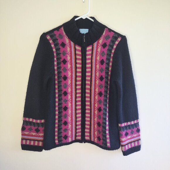 Mohair & Wool Cardigan Full Zip Boho Black & Pink Sz Small So Blue Sigrid Olsen - Picture 2 of 9